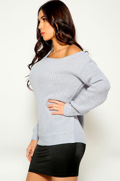 Blue Grey Long Sleeve Knitted Sweater - AMIClubwear