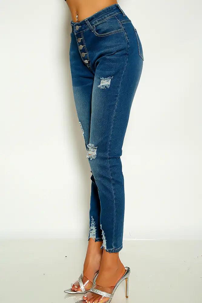 Blue High Waist Button Up Distressed Denim Skinny Jeans - AMIClubwear