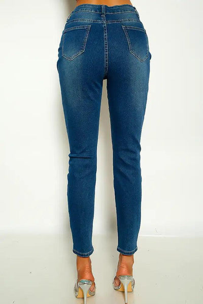 Blue High Waist Button Up Distressed Denim Skinny Jeans - AMIClubwear