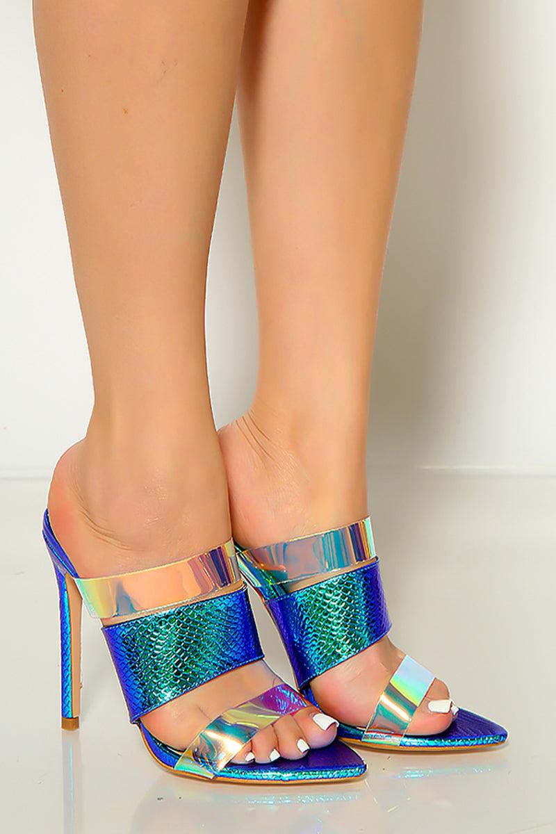 Blue Holographic Scalloped Slip On High Heels - AMIClubwear