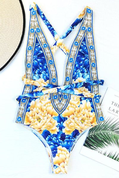 Blue Italian Print V-Neck Criss-Cross Straps One Pc Swimsuit - AMIClubwear