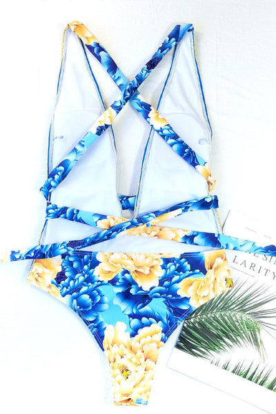 Blue Italian Print V-Neck Criss-Cross Straps One Pc Swimsuit - AMIClubwear