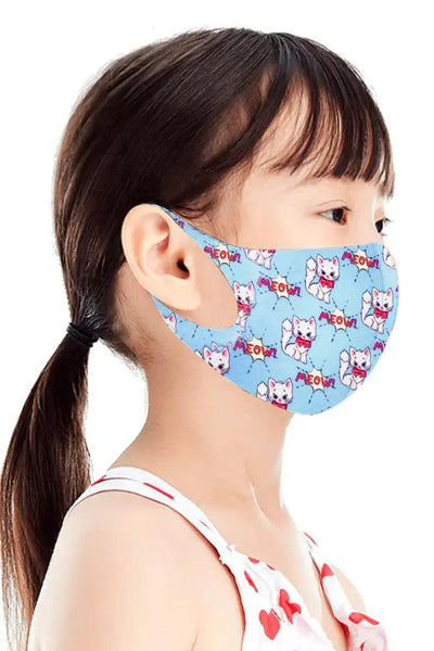 Blue Kitty Print Reusable Kids Face Mask 1 Piece - AMIClubwear