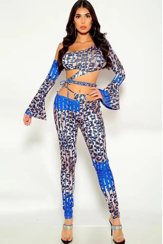 Bluew Leopard Bell Sleeve Cut Out Two Piece Outfit - AMIClubwear