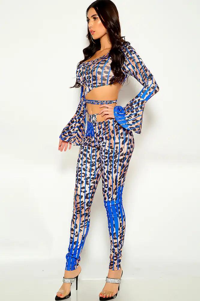 Bluew Leopard Bell Sleeve Cut Out Two Piece Outfit - AMIClubwear