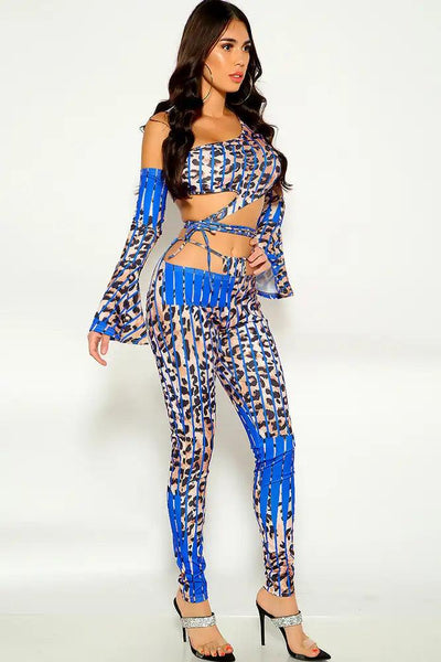 Bluew Leopard Bell Sleeve Cut Out Two Piece Outfit - AMIClubwear