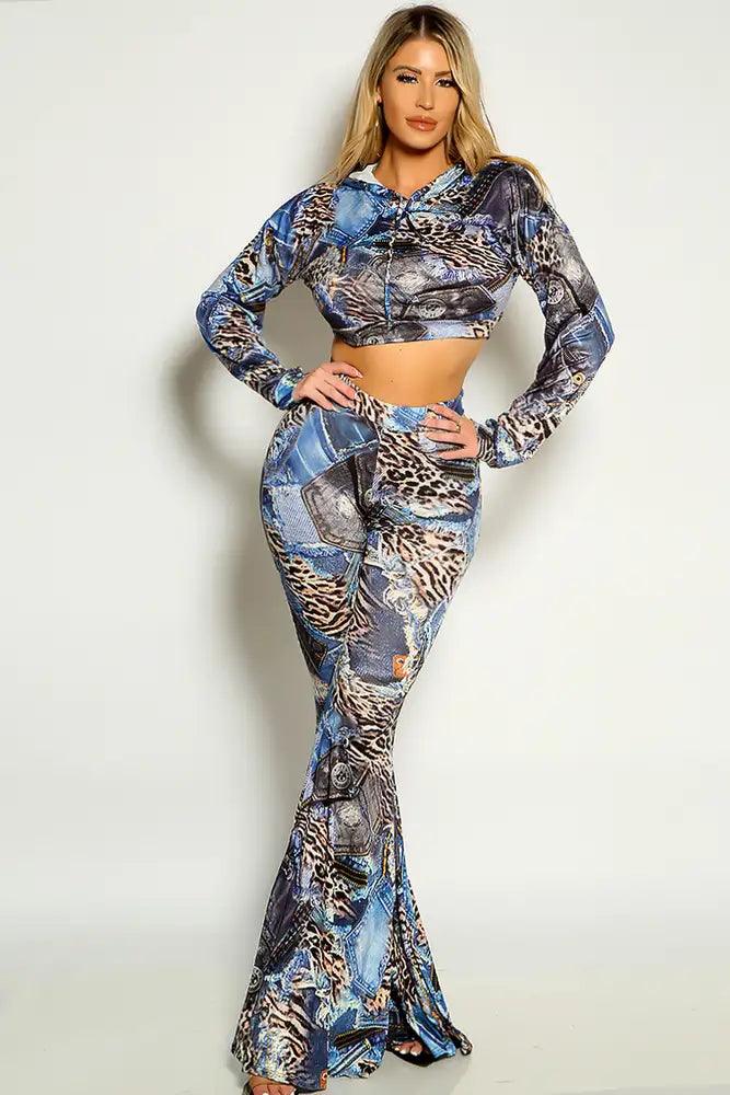 Blue Leopard Long Sleeve Cropped Flared Two Piece Outfit - AMIClubwear