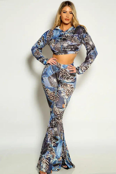 Blue Leopard Long Sleeve Cropped Flared Two Piece Outfit - AMIClubwear