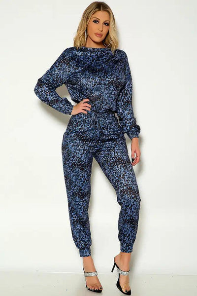 Blue Leopard Print Long Sleeve Loungwear Two Piece Outfit - AMIClubwear