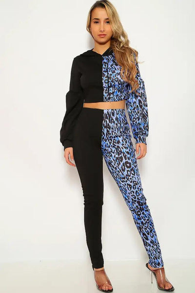 Blue Leopard Print Long Sleeve Two Piece Outfit - AMIClubwear