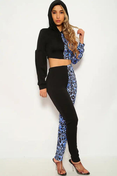 Blue Leopard Print Long Sleeve Two Piece Outfit - AMIClubwear
