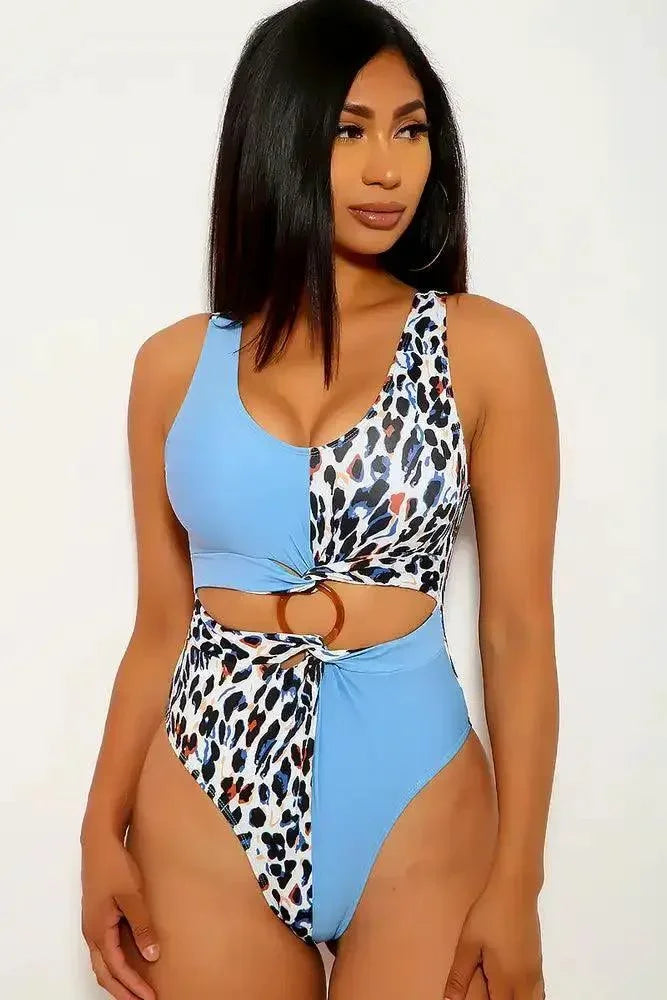 Blue Leopard Print One Piece Swimsuit