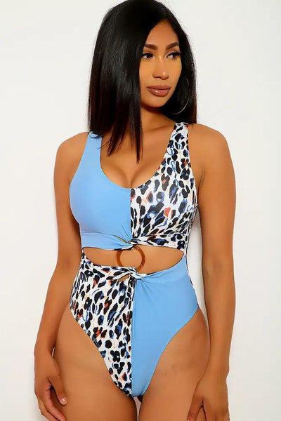 Blue Leopard Print One Piece Swimsuit - AMIClubwear