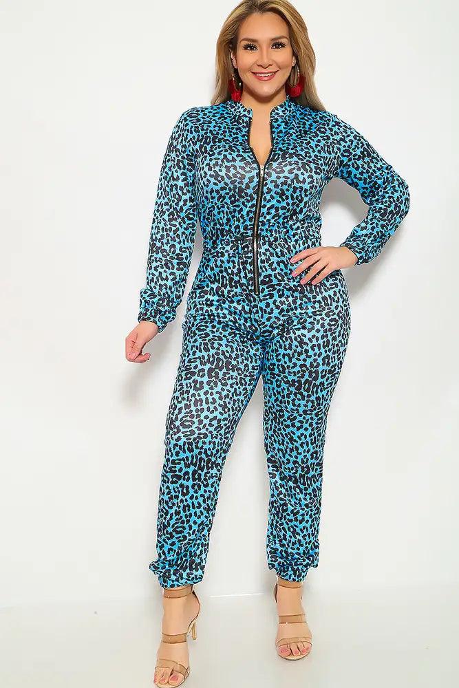 Blue Leopard Print Plus Size Jumpsuit - AMIClubwear