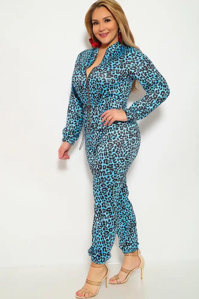 Blue Leopard Print Plus Size Jumpsuit - AMIClubwear