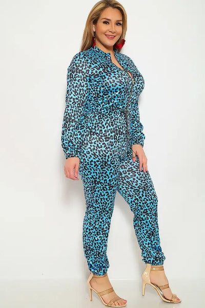 Blue Leopard Print Plus Size Jumpsuit - AMIClubwear