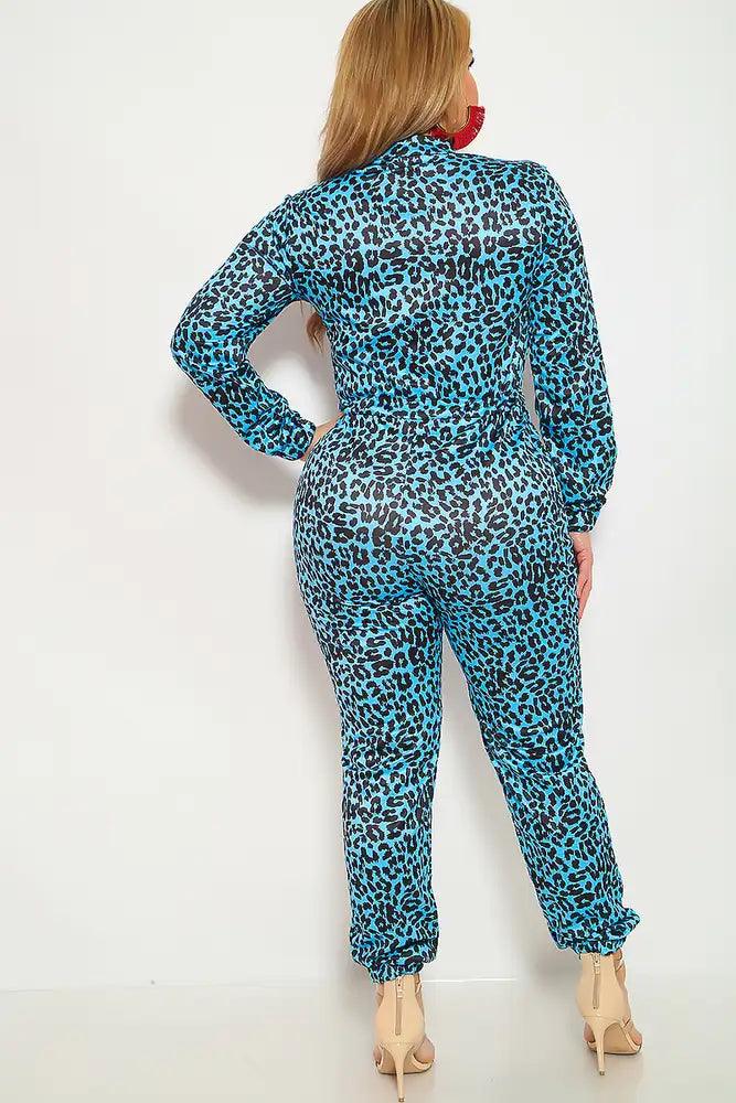 Blue Leopard Print Plus Size Jumpsuit - AMIClubwear