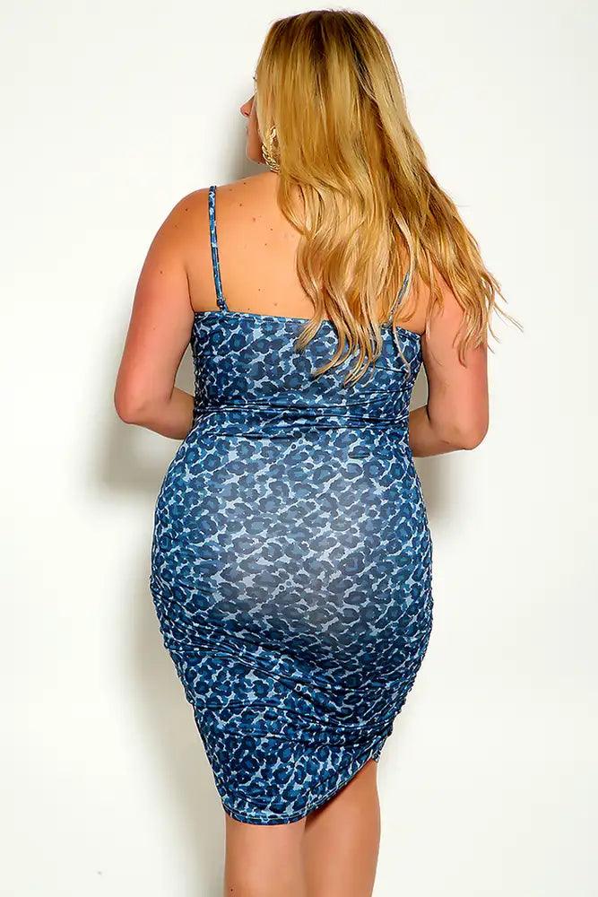 Blue Leopard Print Sleeveless Plus Size Party Dress - AMIClubwear