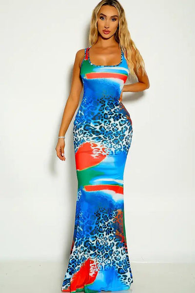 Blue Leopard Sleeveless Two Tone Fitted and Flare Maxi Dress - AMIClubwear