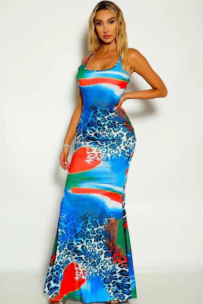 Blue Leopard Sleeveless Two Tone Fitted and Flare Maxi Dress - AMIClubwear