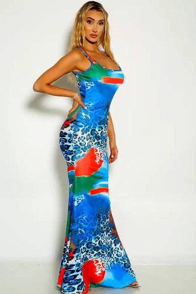 Blue Leopard Sleeveless Two Tone Fitted and Flare Maxi Dress - AMIClubwear