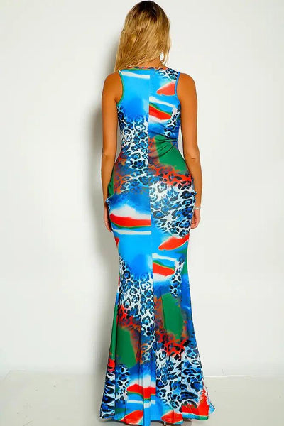 Blue Leopard Sleeveless Two Tone Fitted and Flare Maxi Dress - AMIClubwear