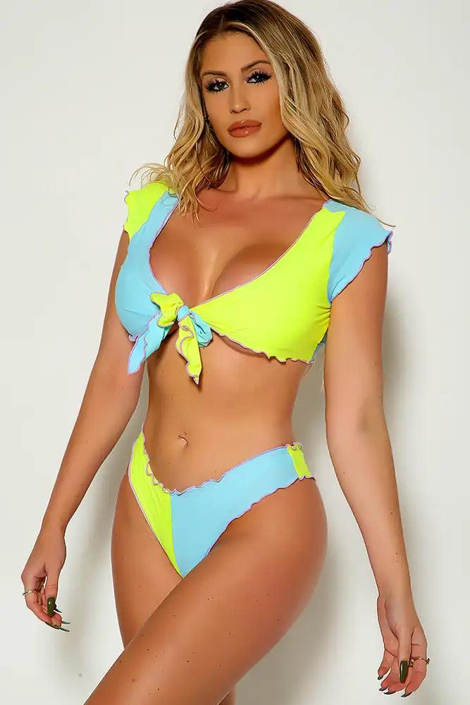 Blue Lime Two Tone Front Tie Two Piece Swimsuit - AMIClubwear