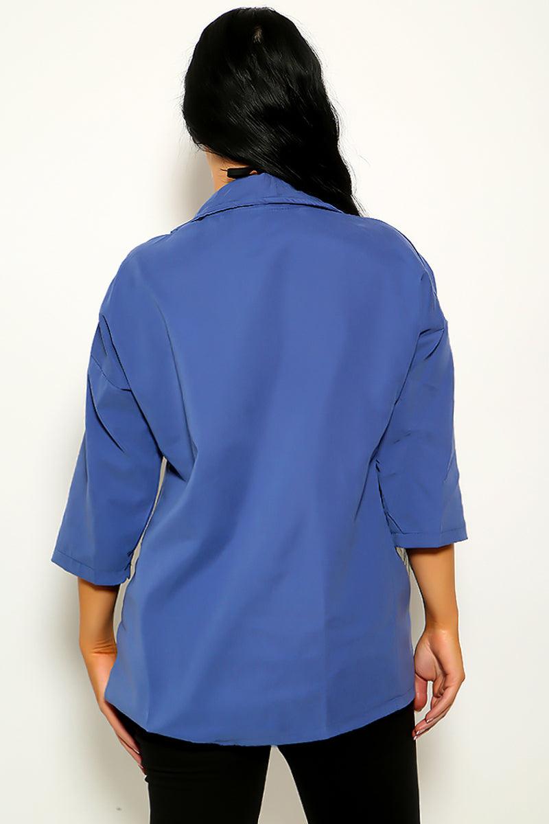 Blue Linen Half Sleeve Open Top - AMIClubwear