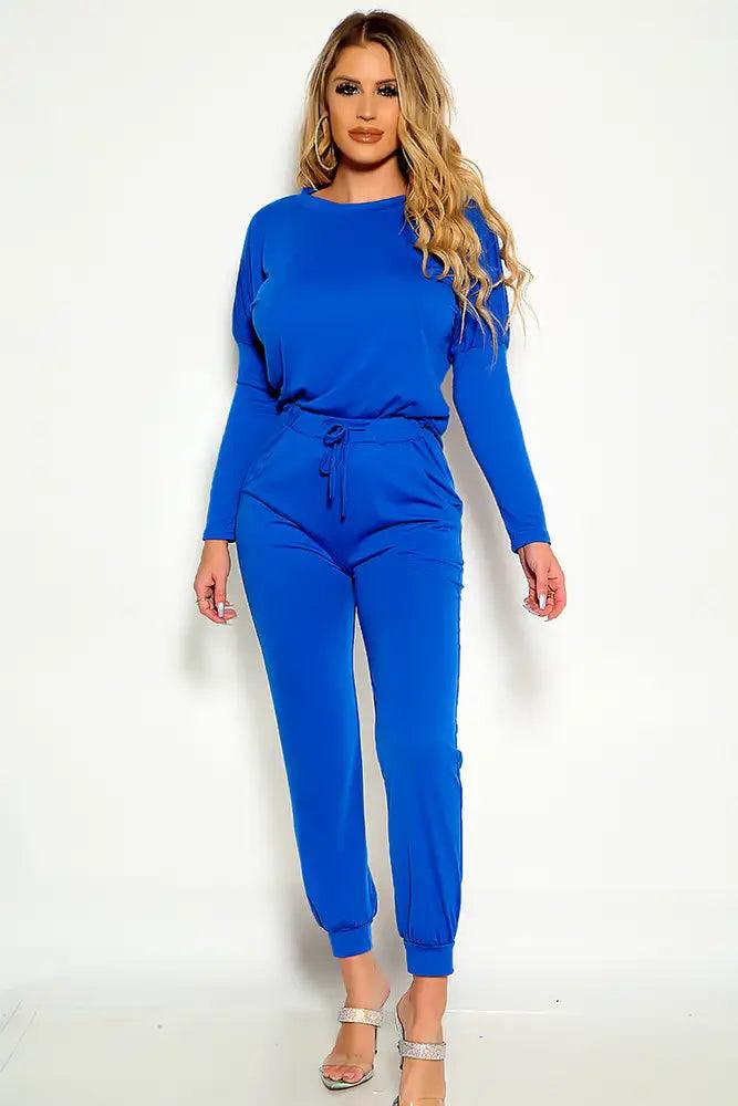 Blue Long Sleeve Comfortable Two Piece Lounge Wear Outfit - AMIClubwear