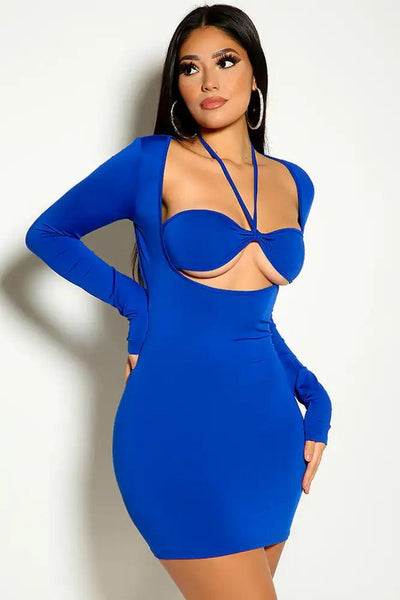 Blue Long Sleeve Cut Out Bandeau Halter Two Piece Dress - AMIClubwear