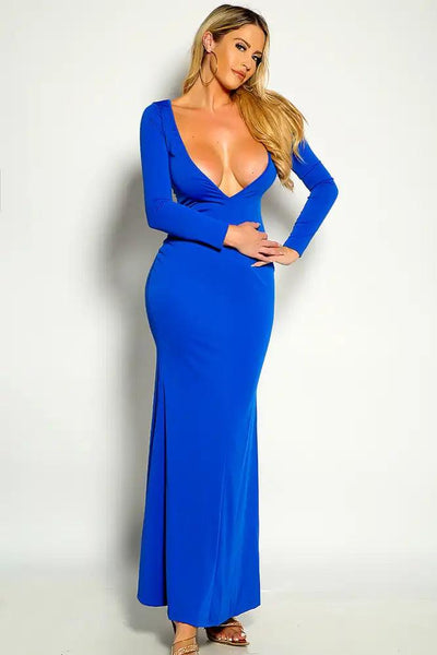 Blue Long Sleeve Deep Neckline Maxi Dress - AMIClubwear