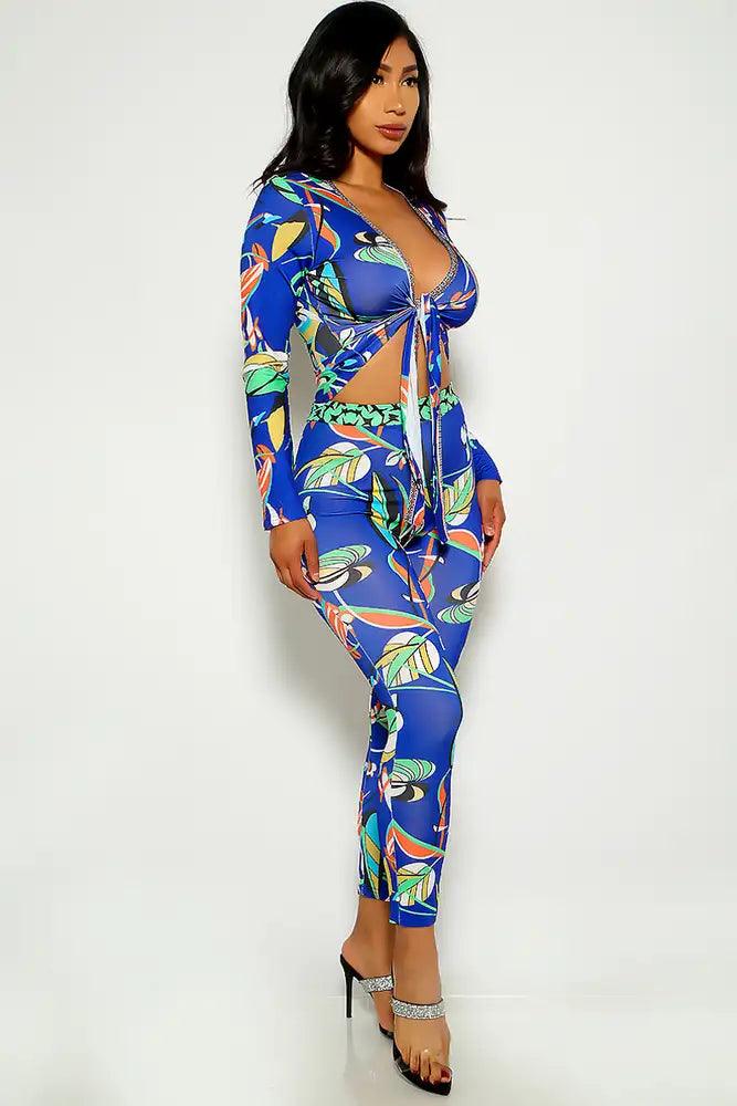 Blue Long Sleeve Graphic Print Two Piece Dress - AMIClubwear