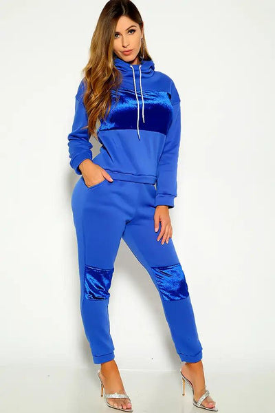 Blue Long Sleeve Hooded Furry Two Piece Lounge Outfit - AMIClubwear