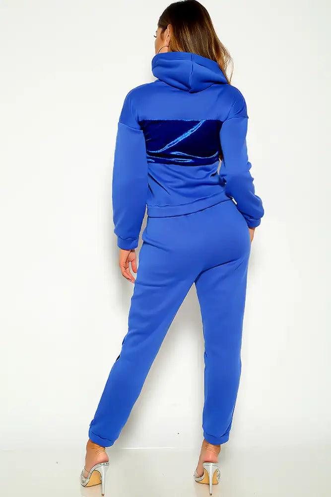 Blue Long Sleeve Hooded Furry Two Piece Lounge Outfit - AMIClubwear