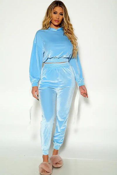 Blue Long Sleeve Hooded Two Piece Velour Lounge Outfit - AMIClubwear