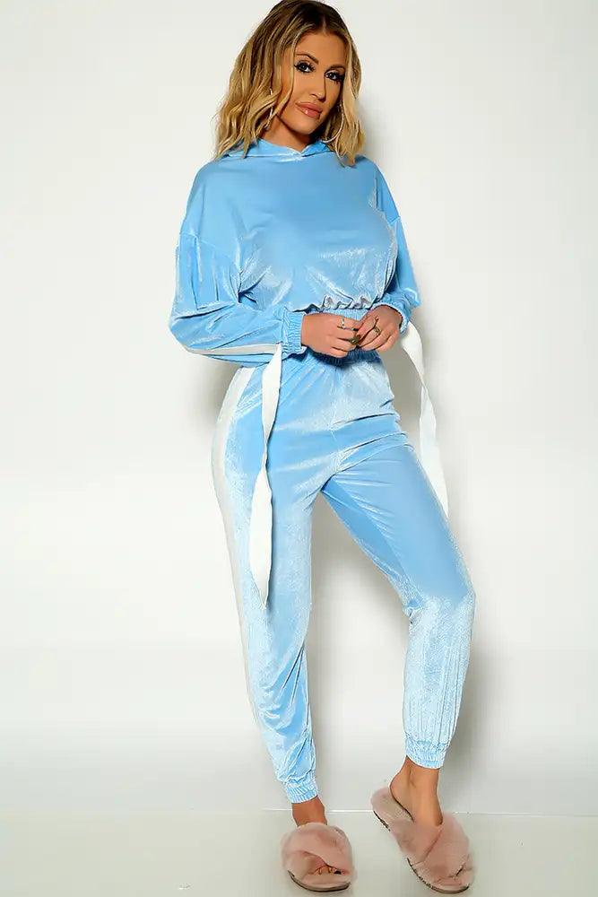 Blue Long Sleeve Hooded Two Piece Velour Lounge Outfit - AMIClubwear