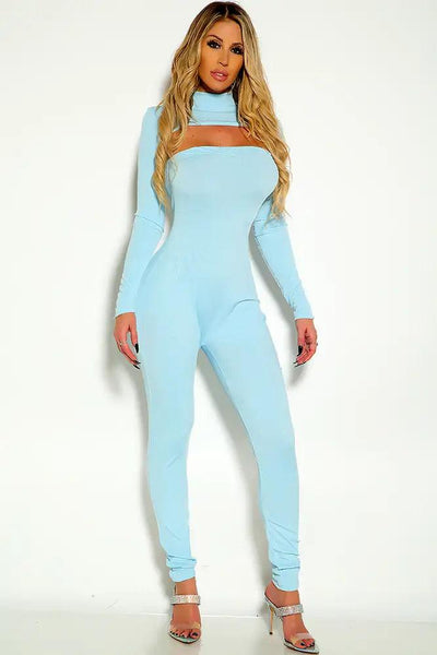 Blue Long Sleeve Mock Neck Ribbed HIgh Rise Two Piece Outfit - AMIClubwear