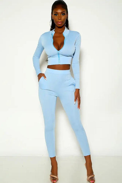 Blue Long Sleeve Mock Neck Two Piece Outfit - AMIClubwear