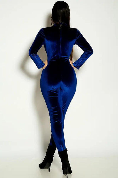 Blue Long Sleeve Mock Neck Velvet Mesh Sexy Jumpsuit - AMIClubwear