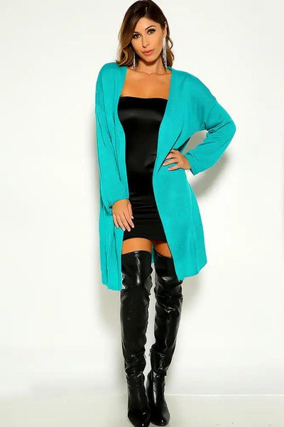 Blue Long Sleeve Open Front Cardigan - AMIClubwear