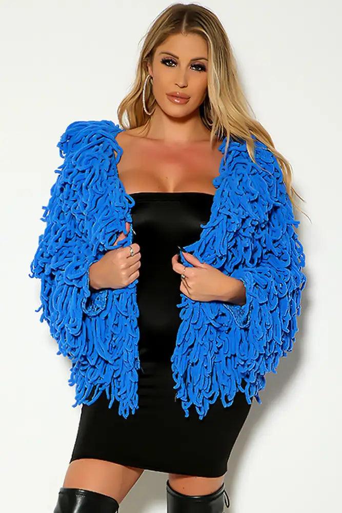 Blue Long Sleeve Open Front Fringe Outerwear - AMIClubwear