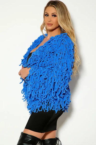 Blue Long Sleeve Open Front Fringe Outerwear - AMIClubwear