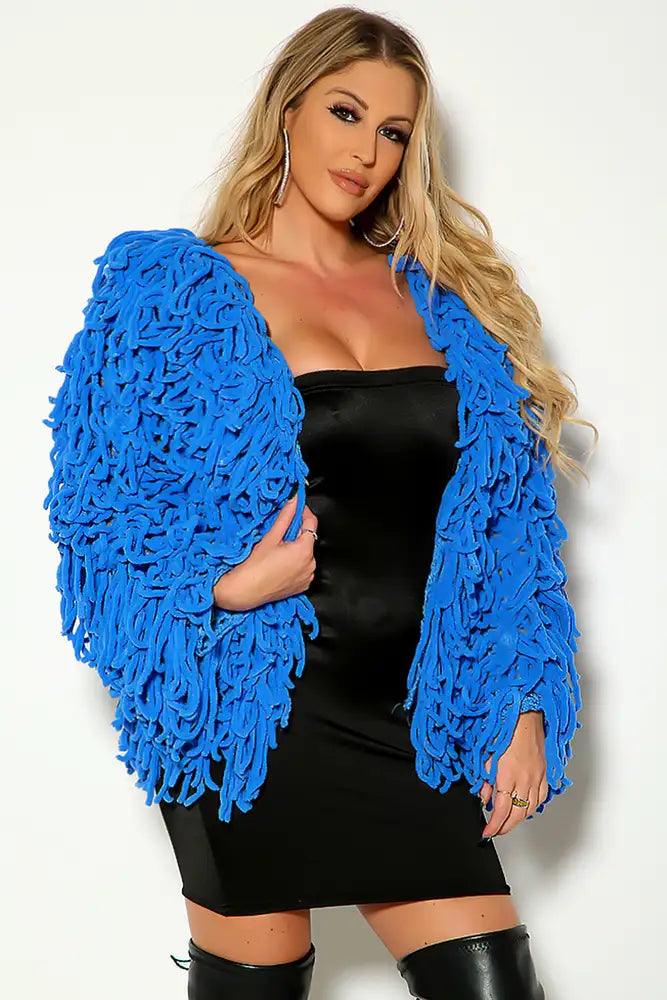 Blue Long Sleeve Open Front Fringe Outerwear - AMIClubwear