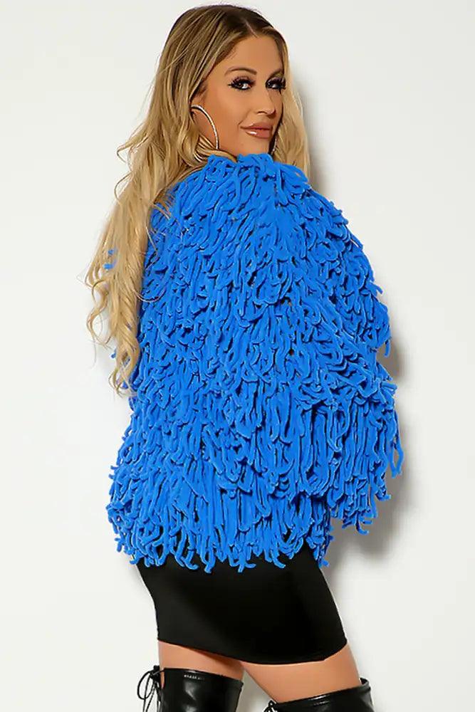 Blue Long Sleeve Open Front Fringe Outerwear - AMIClubwear