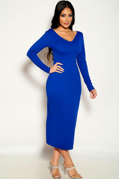 Blue Long Sleeve Ribbed Midi Casual Dress - AMIClubwear