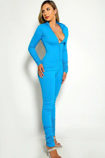 Blue Long sleeve Ruched Jumpsuit - AMIClubwear