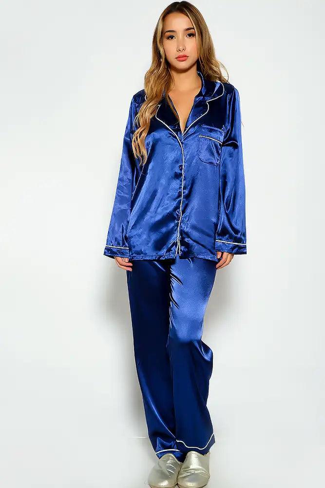 Blue Long sleeve Satin Two Piece Pajama Set - AMIClubwear