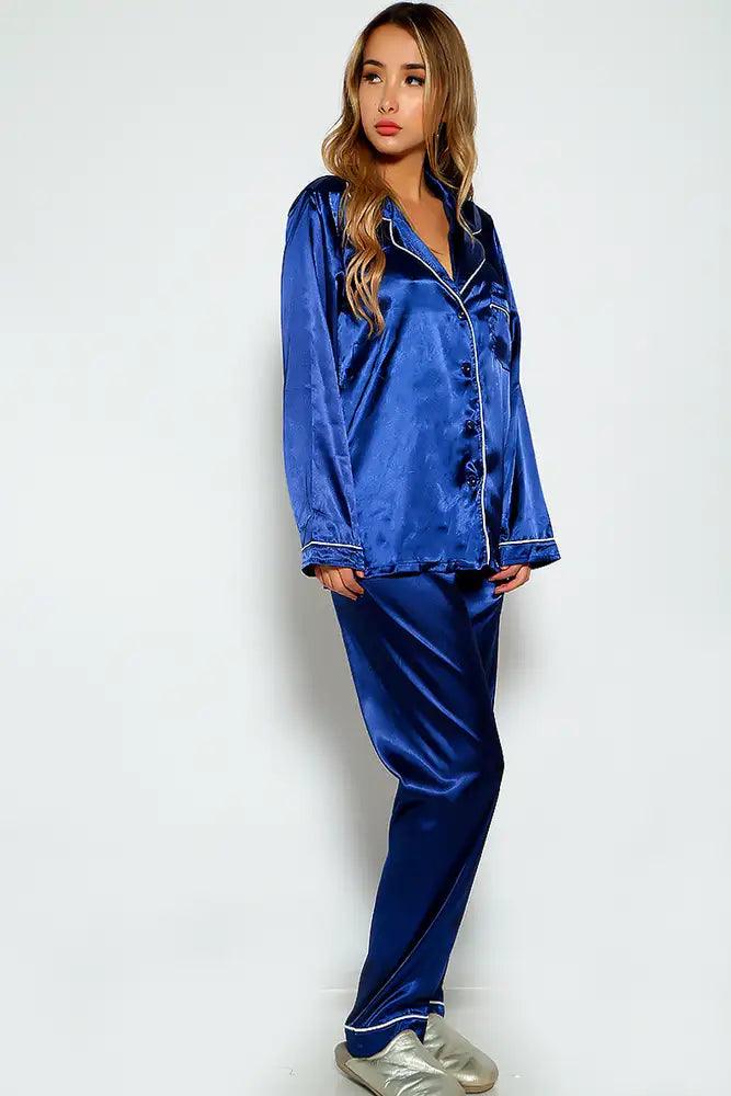 Blue Long sleeve Satin Two Piece Pajama Set - AMIClubwear