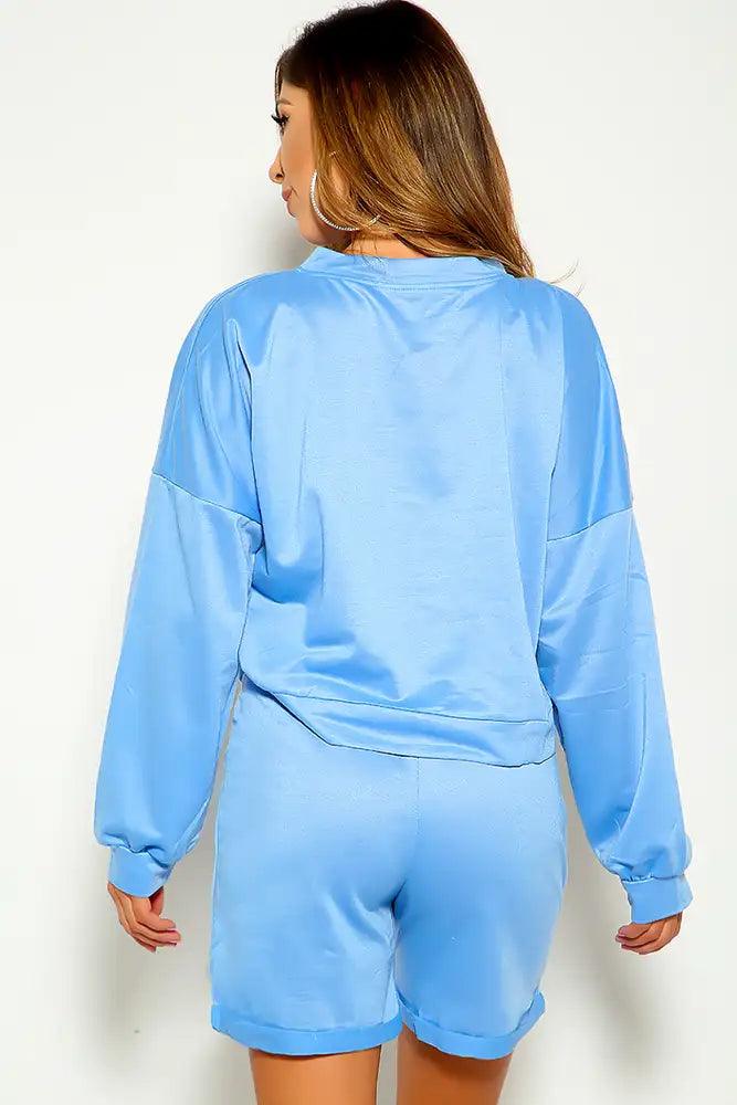 Blue Long Sleeve Shorts Two Piece Lounge Wear Outfit - AMIClubwear