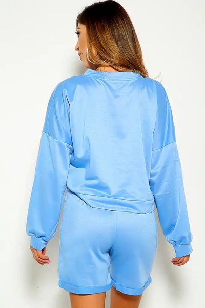 Blue Long Sleeve Shorts Two Piece Lounge Wear Outfit - AMIClubwear